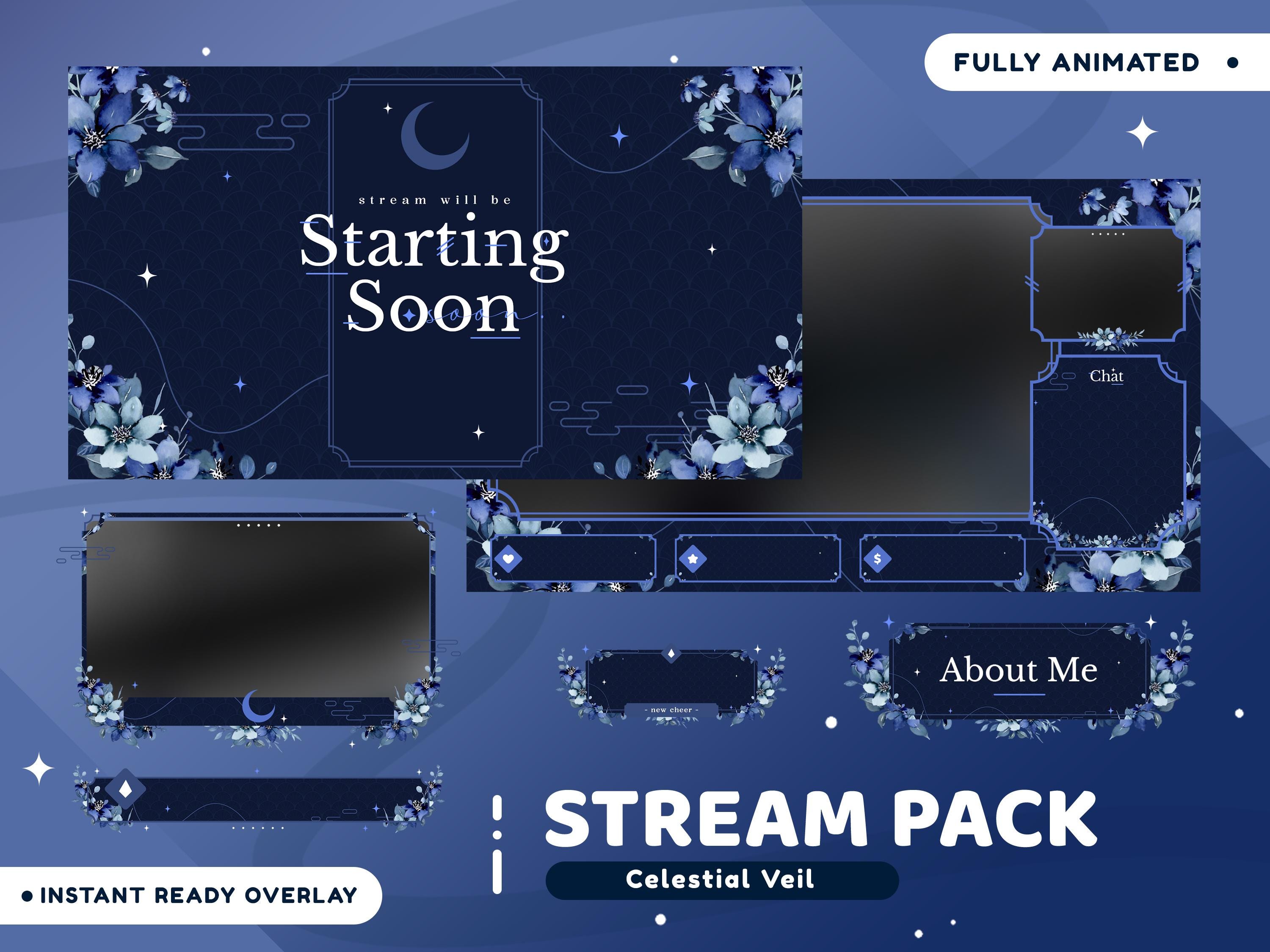 Celestial Veil Animated Stream Overlay Package for Twitch Bundle, Blue ...