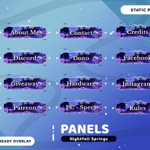 Nightfall Springs Static Stream Panel Package for Twitch, Panel Overlay, Twitch Vtuber Purple Nature, Vtuber Overlay Waterfall Floral Stream