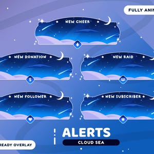 Cloud Sea Animated Stream Alert Package for Twitch Bundle, Animation Twitch Vtuber Blue, Vtuber Overlay, Elegant Overlay, Alert Vtuber Cloud