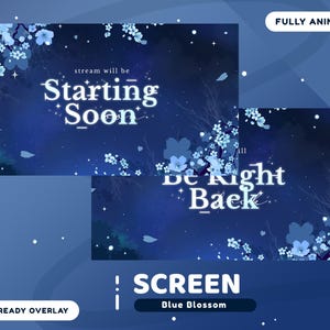 May include: Animated Twitch stream overlay with a blue and white floral design. The text "stream will be Starting Soon" and "Be Right Baek" is displayed on the overlay.