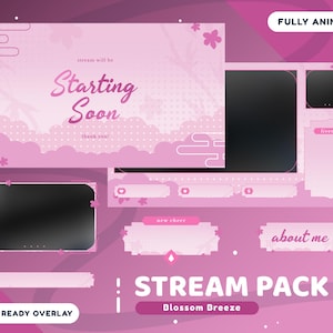 Blossom Breeze Animated Stream Overlay Package Twitch Bundle, Pink Aesthetic Overlay Sakura Twitch Overlay, Girly Overlay, Cherry Blossom
