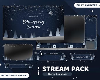 Puede incluir: Un paquete de transmisión digital con temática invernal. El diseño presenta un fondo azul oscuro con copos de nieve blancos, pinos y el texto "Starting Soon". Incluye superposiciones animadas para chat, sobre mí y otros elementos de transmisión.