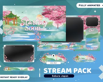Sakura Japan Animated Stream Overlay Package for Twitch Bundle, Japan Stream Package, Cherry Blossom Theme, Lake Japan Pink Sakura Overlay