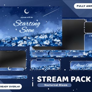 Puede incluir: Un paquete de transmisión digital con un tema nocturno. El diseño presenta un cielo azul oscuro con una luna creciente, estrellas y un campo de flores azules y blancas. El texto incluye "Starting Soon", "Chat" y "About Me".