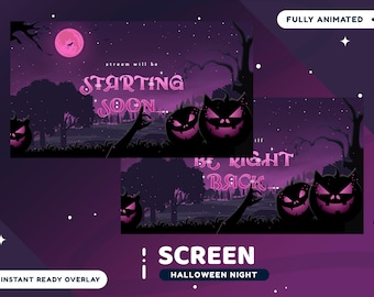 May include: A Halloween-themed screen overlay with a purple and black color scheme. The design features a full moon, silhouettes of trees, and jack-o'-lanterns. Text includes "Starting Soon" and "Be Right Back". The overlay is fully animated.