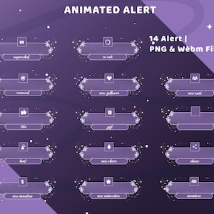May include: A digital graphic with the text "ANIMATED ALERT" at the top. The image features 14 animated alert designs in purple, each with a different icon and text label, such as "superchat" and "new follower". The text "14 Alert | PNG & Webm File" is also included.