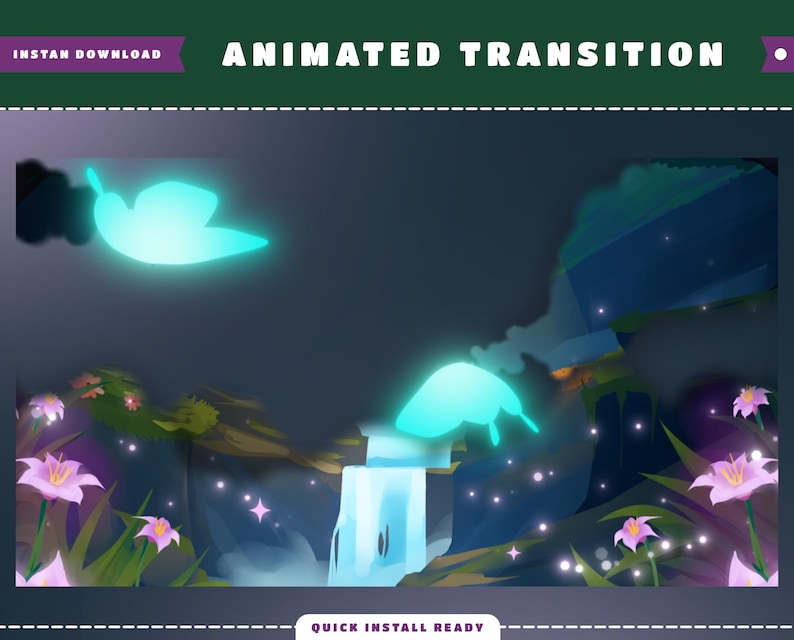 May include: Animated transition effect with a glowing blue butterfly and a waterfall in a fantasy landscape with pink flowers and sparkling lights.  Quick install ready.