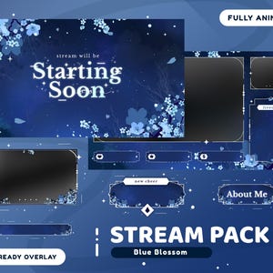May include: A blue and white animated stream pack with a floral design. The pack includes a starting soon screen, a live chat window, a new cheer notification, an about me section, and a stream pack title. The text "stream will be Starting Soon" is displayed on the starting soon screen. The text "livechat" is displayed on the live chat window. The text "new cheer" is displayed on the new cheer notification. The text "About Me" is displayed on the about me section. The text "STREAM PACK Blue Blossom" is displayed on the stream pack title.