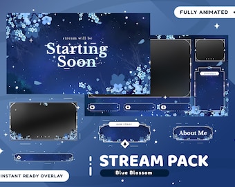 Blue Blossom Animated Stream Overlay Package for Twitch Bundle, Lunar Blossoms Stream Package, Japanese Dreamy Theme, Blue Sakura Overlay