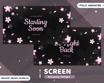 Blooming Twilight Animated Stream Screen Package Twitch Scene, Pink Black Overlay, Sakura Overlay, Aesthetic Vtuber, Cherry Blossom Stream
