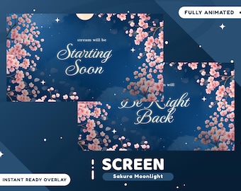 Sakura Moonlight Animated Stream Screen Package for Twitch, Cherry Blossom Twitch Overlay, Japan Theme Screen, Blue Color Vtuber Overlay
