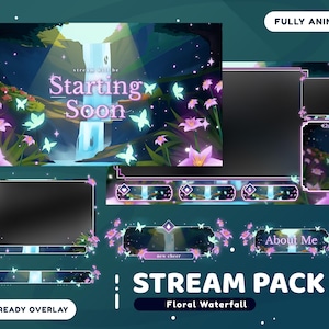 Floraler Wasserfall Animiertes Stream Overlay Paket für Twitch Bundle, Pinkes Florales Stream Paket, Wald, Schmetterling, Watery, Webcam Stream