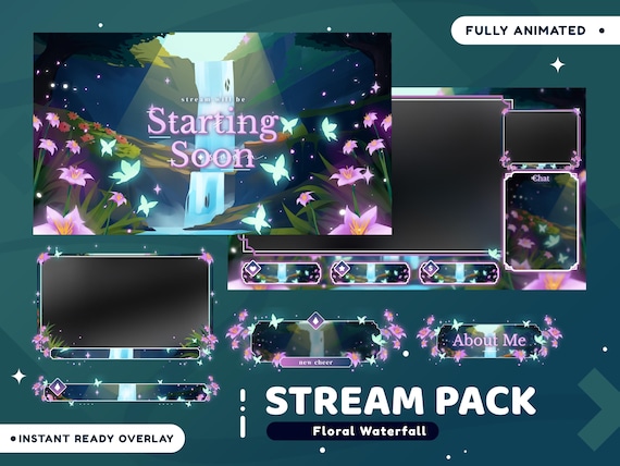 Floral Waterfall Animated Stream Overlay Package for Twitch Bundle, Pink Floral Stream Package, Forest, Butterfly, Watery, Webcam Stream