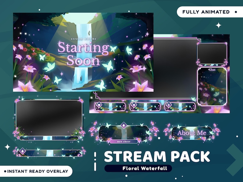 May include: Animated stream overlay pack with a floral waterfall theme. The pack includes a starting soon screen, a chat box, an about me section, and a new cheer notification. The overlay is fully animated and features a purple and blue color scheme.
