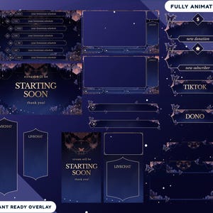 Op de afbeelding: Een digitale streaming overlay set met een donkerblauw en paars thema, voorzien van vlinder- en bloemaccenten. Bevat schermen met de tekst STARTING SOON, een wekelijks schema, live chatboxen en notificatiebalken voor nieuwe donaties en abonnees.