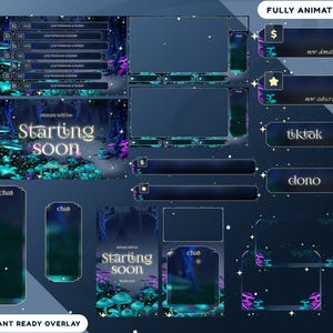 Könnte beinhalten: Ein digitales Streaming-Overlay-Set mit einem dunklen Waldthema und leuchtenden blauen und violetten Pilzen. Enthält verschiedene Rahmen, Chat-Boxen und Beschriftungen mit Text wie Starting Soon, TikTok, Dono, New Donation und New Subscriber.