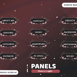 Cherry Light Static Stream Panel Package for Twitch, Pink Twitch Overlay, Cherry Blossom Overlay, Sakura Stream Panel, Kawaii Stream Overlay