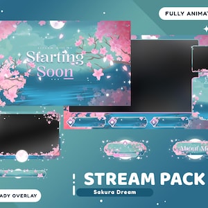 Pacote de sobreposição de transmissão animada Sakura Dream para Twitch Bundle, pacote de transmissão Pink Cherry Blossom, tema japonês, sobreposição Pink Sakura,