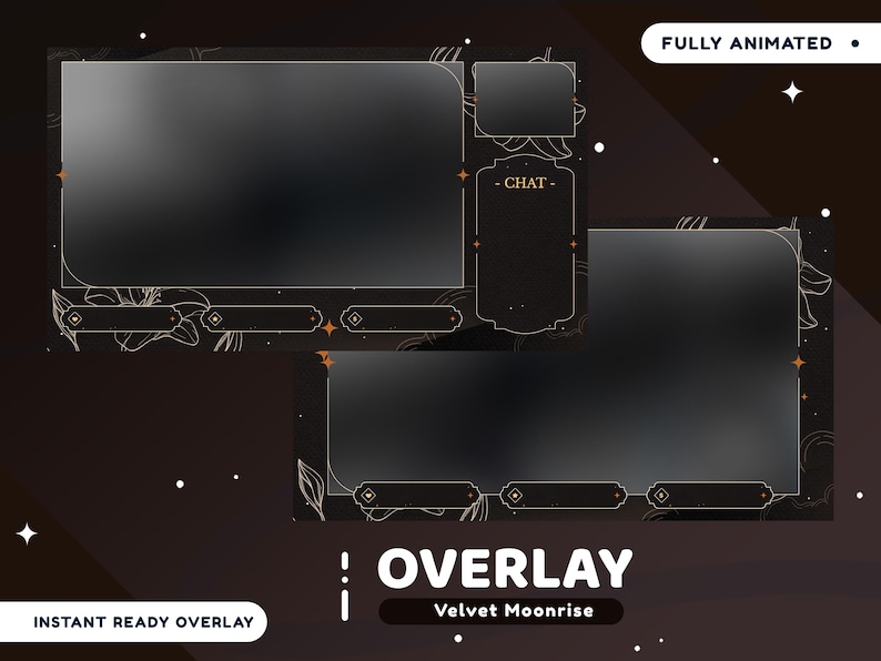 May include: A digital overlay design with a dark color scheme, featuring a large central display area and smaller sections for chat and other elements. The design includes floral accents and the text "OVERLAY" and "Velvet Moonrise".