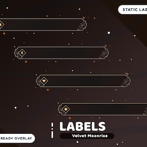 May include: A dark brown graphic with four rectangular labels, each with a decorative floral design. The labels have icons of a diamond, dollar sign, heart, and star. The text "! LABELS" and "Velvet Moonrise" are also present.