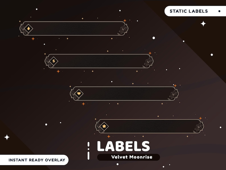 May include: A dark brown graphic with four rectangular labels, each with a decorative floral design. The labels have icons of a diamond, dollar sign, heart, and star. The text "! LABELS" and "Velvet Moonrise" are also present.