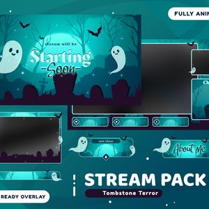 May include: A teal and black Halloween-themed stream pack with a spooky graveyard scene, ghosts, and bats. The text "Starting Soon" is displayed. Includes animated overlays for streaming platforms.