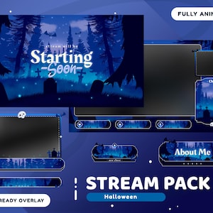 Halloween Animated Stream Overlay Package for Twitch Bundle, Twitch Overlay Blue, Vtuber Halloween, Dark Color, Bat, Haunted, Alert, Panel