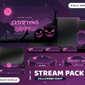 May include: A purple and pink animated Halloween stream pack with a spooky forest background, jack-o'-lantern icons, and text that says "stream will be starting soon".