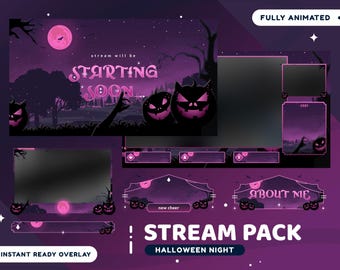 Puede incluir: Un paquete de transmisión en vivo de Halloween animado en morado y rosa con un fondo de bosque espeluznante, iconos de calabazas y texto que dice "stream will be starting soon".