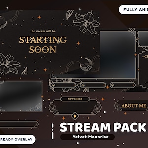 Paquete de superposición animada para transmisión de Velvet Moonrise, paquete para Twitch, superposición de oro negro, superposición de Twitch con estética floral, tema de luna y flores.