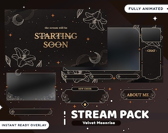 Velvet Moonrise Animated Stream Overlay Package Twitch Bundle, Black Gold Overlay, Floral Aesthetic Twitch Overlay, Moon and  Flower Theme