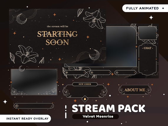 Velvet Moonrise Animated Stream Overlay Package Twitch Bundle, Black Gold Overlay, Floral Aesthetic Twitch Overlay, Moon and  Flower Theme