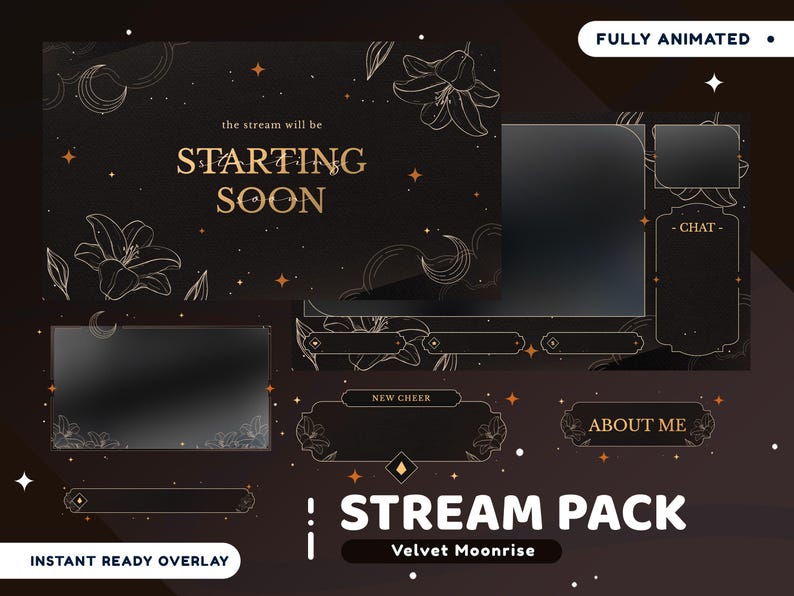 May include: A digital stream pack with a dark background and gold accents. The text "STARTING SOON" is displayed prominently. The pack includes animated overlays for chat, about me, and new cheer sections. The words "STREAM PACK" and "Velvet Moonrise" are also visible.