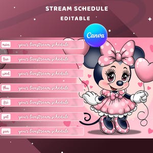 May include: A pink and white stream schedule template with a cartoon character holding a heart-shaped balloon. The template includes days of the week and space to add your livestream schedule. The word "EDITABLE" is at the top.