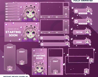 Kawaii Kitty Animated Stream Overlay Package for Twitch Bundle, Pink Aesthetic Vtuber, Anime Girl Twitch, TikTok Overlay, Kawaii Design