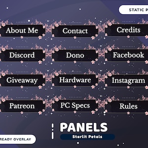 Ensemble de panneaux à flux statique Starlit Petals pour Twitch, panneaux Twitch fleurs de cerisier, panneau esthétique, flux de fleurs nocturnes, panneau rose