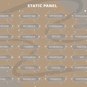 May include: A digital graphic with the text "STATIC PANEL" at the top. Below are rectangular buttons with text such as "PATREON", "ABOUT ME", "INSTAGRAM", and "YOUTUBE". The background is a light brown color with white star-like accents.