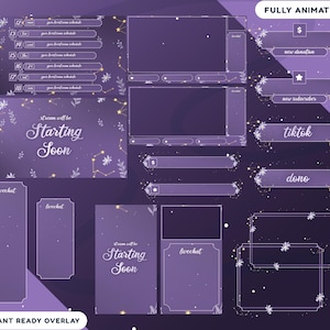 Floral Starlight Animated Stream Overlay Package for Twitch Bundle, Purple Aesthetic, Starry Floral Design Elements, Constellation Overlay