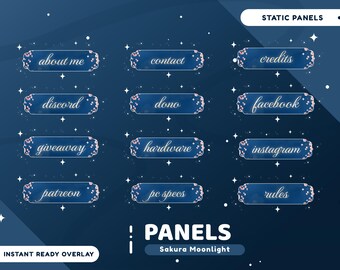 Sakura Moonlight Static Stream Panel Package for Twitch, Night Sky Panels, Sakura Stream Overlay, Elegant Stream Vtuber, Moonlight Panels