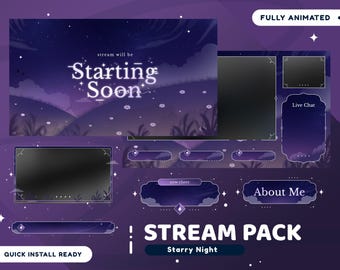 Starry Night Animated Stream Overlay Package for Twitch Bundle, Purple Galaxy Twitch Overlay, Soft Aesthetic Stream, Nature Night Vtuber