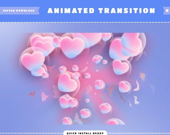 Puede incluir: Efecto de transición animado con corazones rosas y azules en un diseño de burbujas sobre un fondo azul claro. El texto "ANIMATED TRANSITION" está en la parte superior de la imagen.