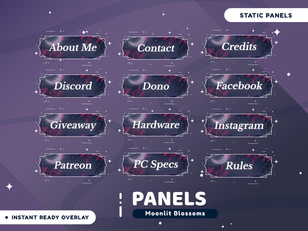 Moonlit Blossoms Static Stream Panel Package for Twitch, Twitch Panels ...