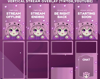 TikTok用のかわいい子猫アニメーションストリームパッケージ、縦型オーバーレイアニメガールデザイン、白いハートのVtuber美学、バレンタインテーマオーバーレイ