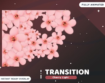 May include: A digital graphic featuring a cluster of pink cherry blossoms with yellow centers against a dark burgundy background. The word "TRANSITION" is displayed in white, with "Cherry Light" below it. The text "FULLY ANIMATED" and "INSTANT READY OVERLAY" are also present.