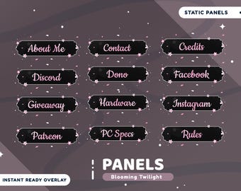 Blooming Twilight Static Stream Panel Paket für Twitch, Pink Black Panels, Sakura Panels, ästhetische Panels Overlay, süße Overlay Panels