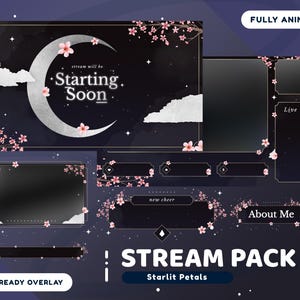 Starlit Petals animerade Stream Overlay-paket för Twitch-paket, Moonlit Blossoms Stream-paket, japanskt tema, Starry Night Sky Overlay