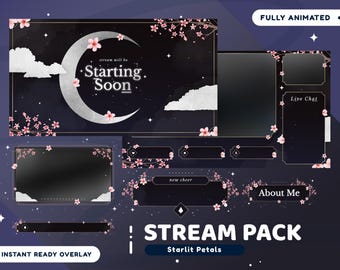 May include: Animated Twitch stream overlay pack with a dark blue background, white clouds, a silver crescent moon, pink cherry blossoms, and gold accents. The text "stream will be Starting Soon" is displayed on the main panel. Other panels include "Live Chat", "new cheer", and "About Me".