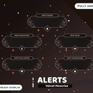 May include: Animated overlay design with a dark background and star accents. Features five rectangular panels with floral accents and text labels like "New Cheer" and "New Donation." The text "ALERTS" is also visible.