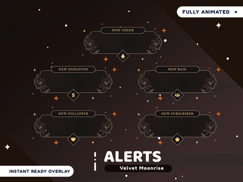 May include: Animated overlay design with a dark background and star accents. Features five rectangular panels with floral accents and text labels like "New Cheer" and "New Donation." The text "ALERTS" is also visible.