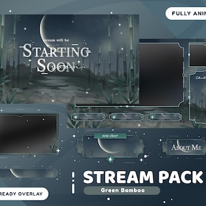 Green Bambooアニメーションストリームオーバーレイパッケージ（Twitchバンドル用）、夜の森オーバーレイパッケージ、ウェブカメラストリーム、チル、自然、ファンタジー、月